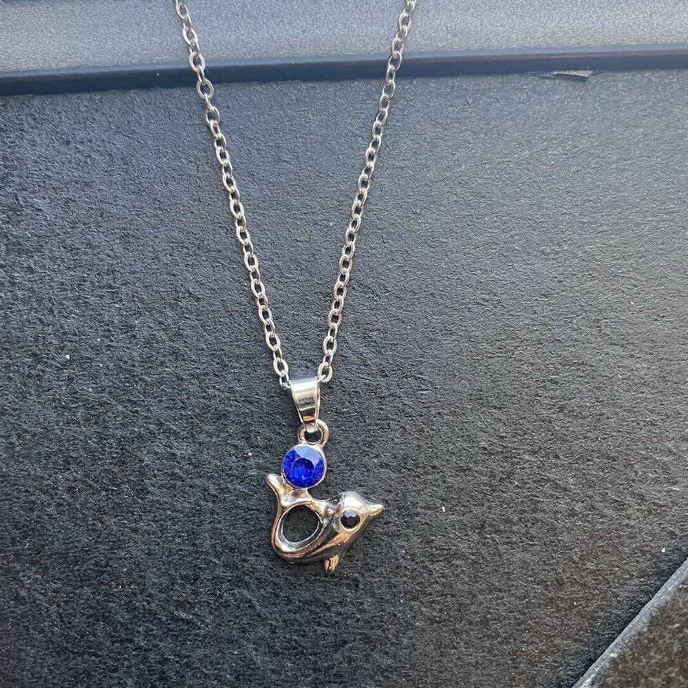 Silver Blue Sapphire Crystal Rhinestone Cubic Zirconia Dolphins Pendant Necklace